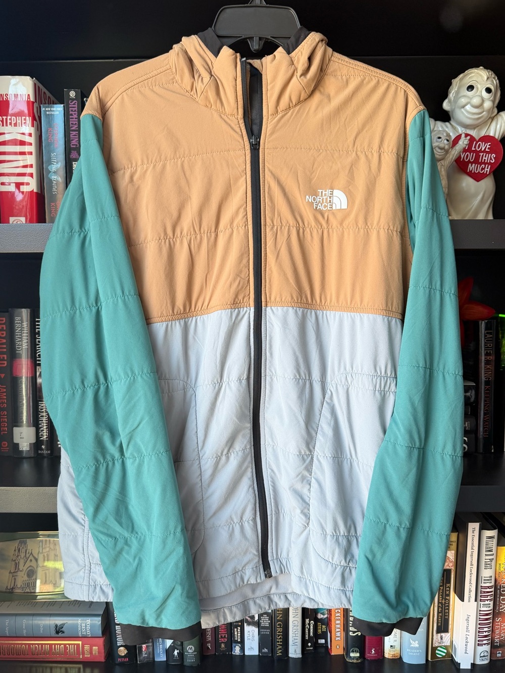 The North Face Men's Colorblock Hooded Puffer Jacket - Tan/Light Blue/Teal